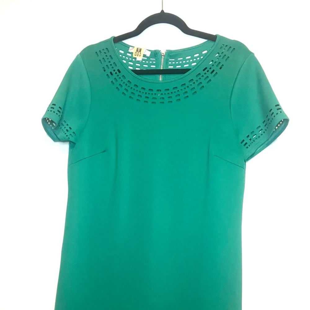 Green, short sleeve A-line dress.
